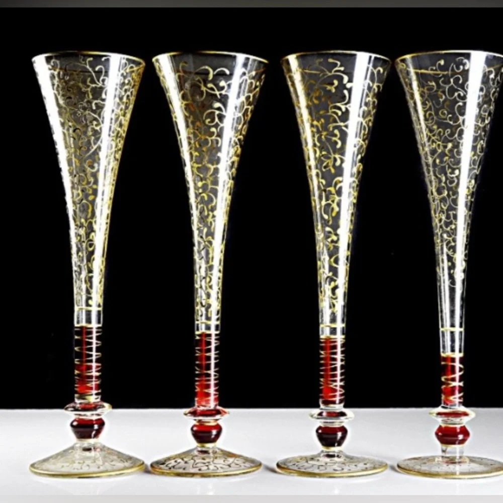 Pier 1 “Rioja” Gold Filagree /Ruby Red Champagne Flutes  Set (4)